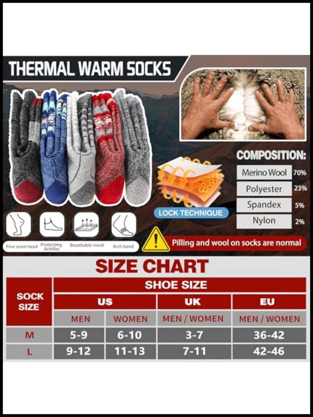 5 Pack Merino Wool Thermal Hiking Socks for Men Women Moisture Wicking Cushion